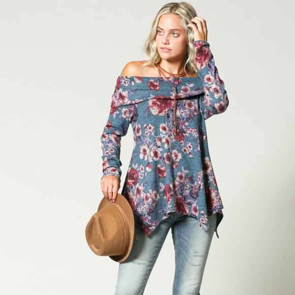 DONATED!!  Floral off shoulder tunic in denim blue - Picture 2 of 6
